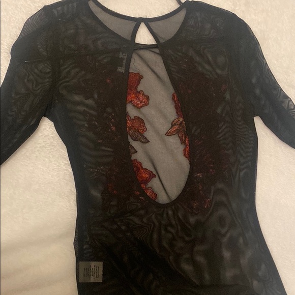Black Sheer Bodysuit with Red Floral Embroidery - Picture 4 of 6